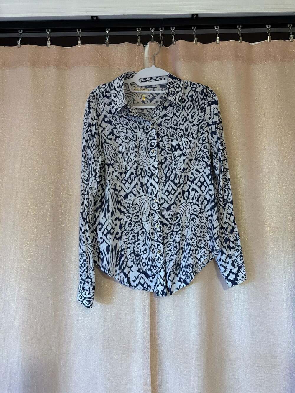 Lilly Pulitzer Sea View Peacock Button Down Long Sleeve Rayon Shirt